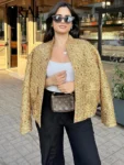TRAFZA Women Fashion Shiny Sequin Jacket Y2k Gold Color Stand Collar Long Sleeve Short Coat Autumn Winter Ladies High Streetwear