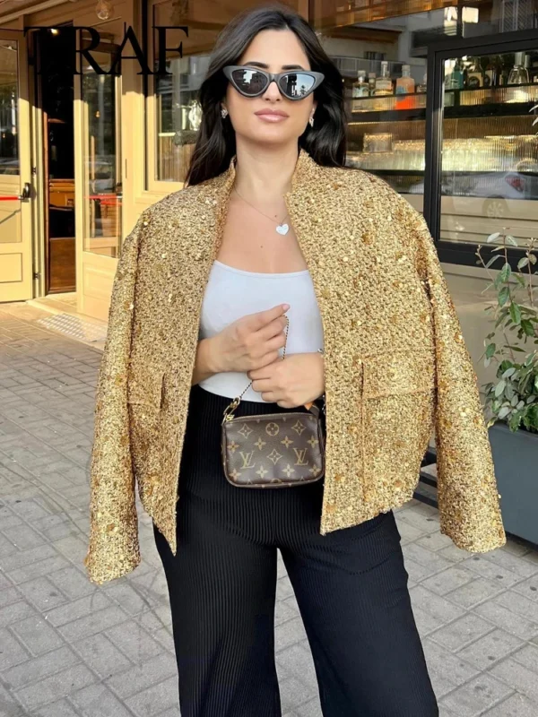 TRAFZA Women Fashion Shiny Sequin Jacket Y2k Gold Color Stand Collar Long Sleeve Short Coat Autumn Winter Ladies High Streetwear