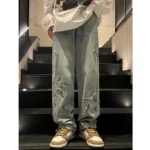 Star Embroidery Straight Casual Men Jeans Gothic Neutral New Wide Leg Loose Hip-hop Fashion Youth Streetwear Denim Trousers Y2K