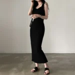 CIBBAR Basic Knit Long Dress Korean Fashion Square Collar Sleeveless Women's Dresses Summer Casual Y2k Vintage All-match Outftis