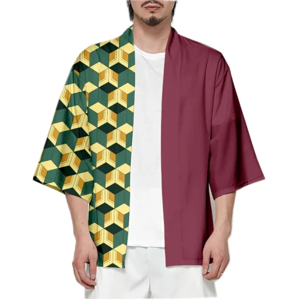 Men Japanese Anime Samurai Tanjirou Kamado Green Black Checkered Kimono Haori Cardigan Zenitsu Agatsuma Yellow Cosplay Costume