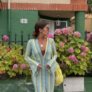 Crochet Colorful Stripe Maxi Dress Women Flare Sleeve V-neck High Split Sexy Long Dresses 2023 New Autumn Beach Banquet Vestidos