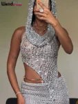 Weird Puss Sequins Women 2piece Set Sexy See Through Irregular Backless Hooded Tank Tops+Peach Hip Skirts Midnight Clubwear Suit
