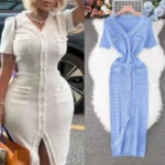 YuooMuoo 2025 New Arrival Women Knitted Long Dress Elegant V-neck Single-breasted Split Sweater Dress Office Lady Vestidos