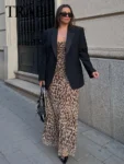 TRAFZA 2024 Women Summer Vintage Leopard Print Dress Sleeveless Backless Suspender Female Slim Casual Beach Party Long Dress