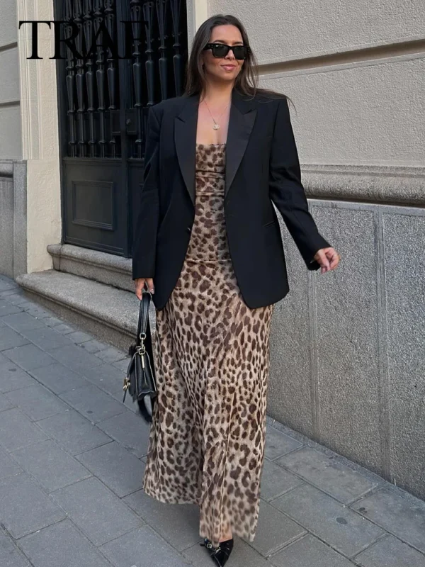 TRAFZA 2024 Women Summer Vintage Leopard Print Dress Sleeveless Backless Suspender Female Slim Casual Beach Party Long Dress