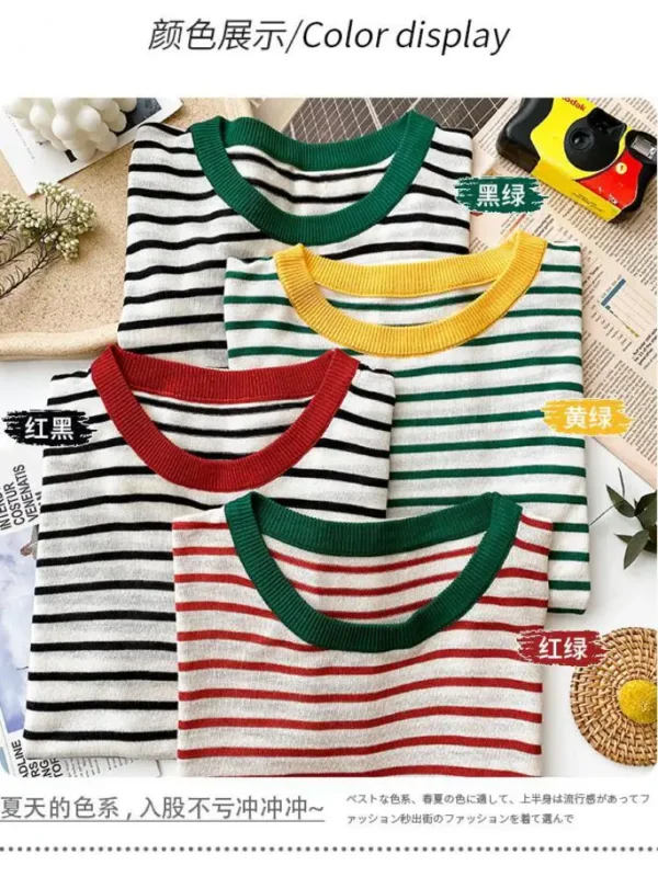 2025 Stripe Tops Women Knitted Round Collar Summer Print Short Sleeve Casual Simple Wild T-Shirt