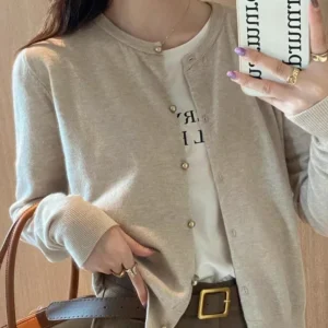 Solid Color Knitted for Women Cardigan Korean Single Breasted Long Sleeve Jumper Woman Round Neck All Match Cardigans Outwear