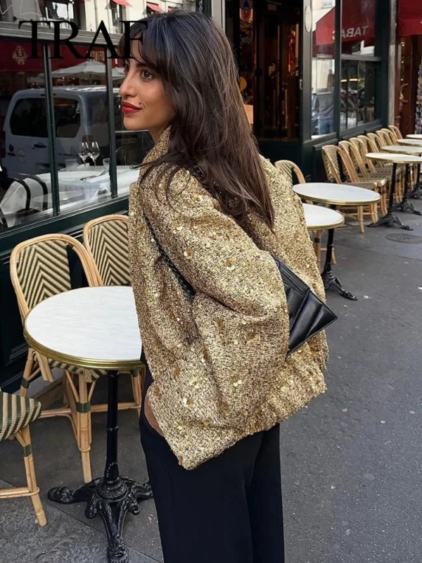 TRAFZA Women Fashion Shiny Sequin Jacket Y2k Gold Color Stand Collar Long Sleeve Short Coat Autumn Winter Ladies High Streetwear