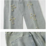 Men's clothing # American vibe style yellow mud dyed cross jeans men's ins embroidered high street wide leg long pants