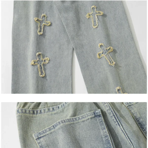 Men's clothing # American vibe style yellow mud dyed cross jeans men's ins embroidered high street wide leg long pants