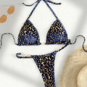 2024 Brazilian Summer Women Leopard Pearl Bathing Suit Beachwear Thong Two Pieces Set Special Fabric Halter Neck Swimwear Bikini