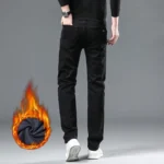 WTHINLEE Winter Men Black Straight Stretch Denim Thick Velvet Pants Warm Jeans Casual Fleece Line Trousers Male Plus Size