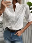 2024 Spring Embroidery Women Blouse Fashion Summer V-neck Lantern Sleeve White Shirt Woman Vintage Cotton Hollow-out Tops 24350