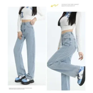 Woman Vintage Wide Leg Jeans Girls High Waist Pants Female Fashion Black Black Grey Retro Blue Light Blue Pink Denim Trousers