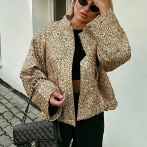 TRAFZA Women Fashion Shiny Sequin Jacket Y2k Gold Color Stand Collar Long Sleeve Short Coat Autumn Winter Ladies High Streetwear